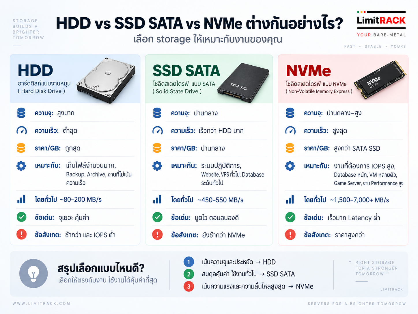 เปรียบเทียบ HDD vs SSD SATA vs NVMe — ความเร็ว ราคาต่อ GB และงานที่เหมาะ เลือก storage ให้ตรงงานก่อนอัพเกรด