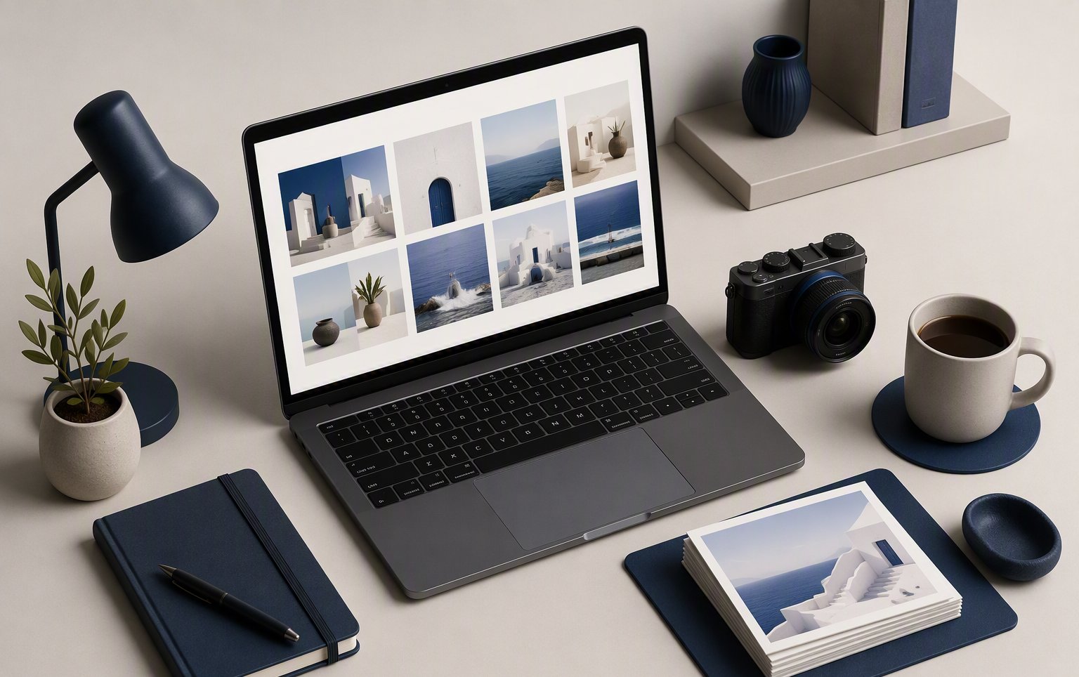 โต๊ะทำงานของ Creator พร้อมแล็ปท็อปที่แสดงแกลเลอรีรูป กล้องถ่ายรูป และกาแฟ