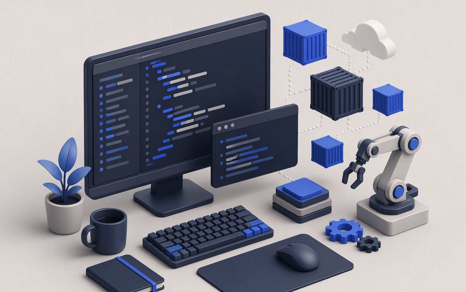 โต๊ะทำงานนักพัฒนา จอโค้ดดิ้ง Container และแขนหุ่นยนต์ Automation